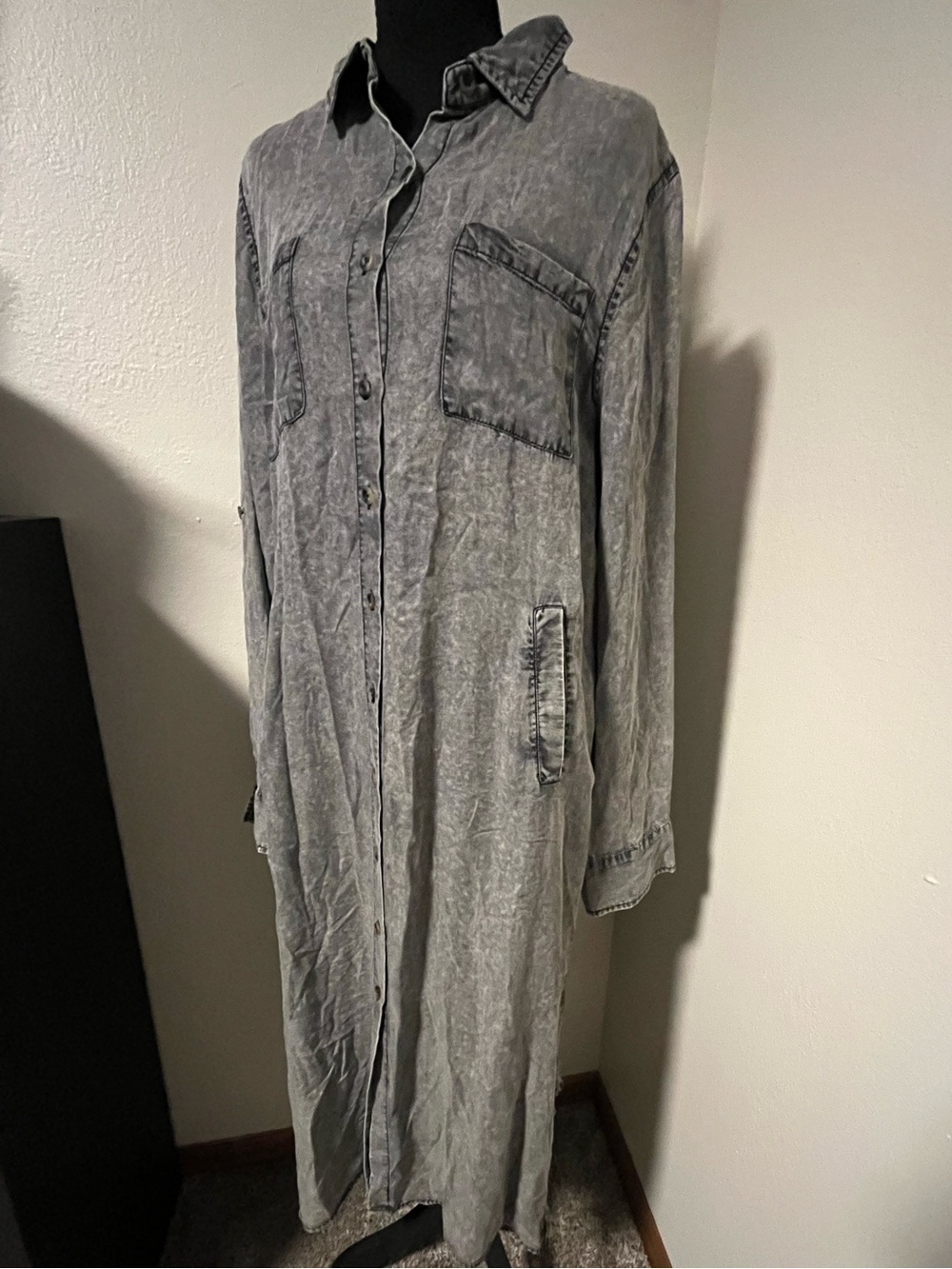 NWT Doe & Rae 100% Tencel Long Sleeve Maxi Grey Button-Up Shirt Dress-Larg